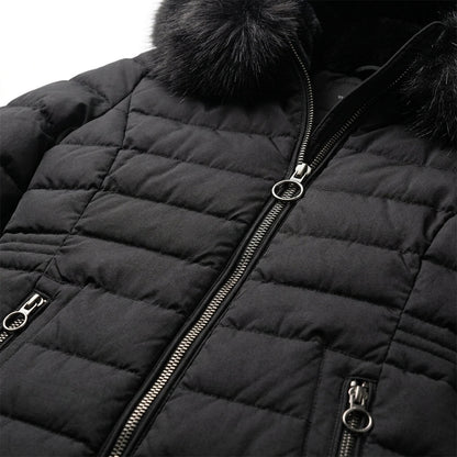 Women's long quilted black puffer jacket featuring an adjustable hood, designed for warmth and style in cold weather conditions. 2