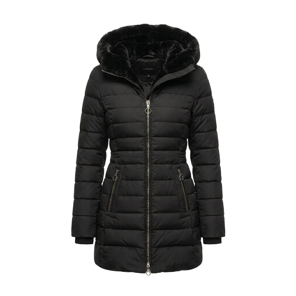 Women's long quilted black puffer jacket featuring an adjustable hood, designed for warmth and style in cold weather conditions. 1