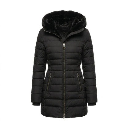 Women's long quilted black puffer jacket featuring an adjustable hood, designed for warmth and style in cold weather conditions. 1