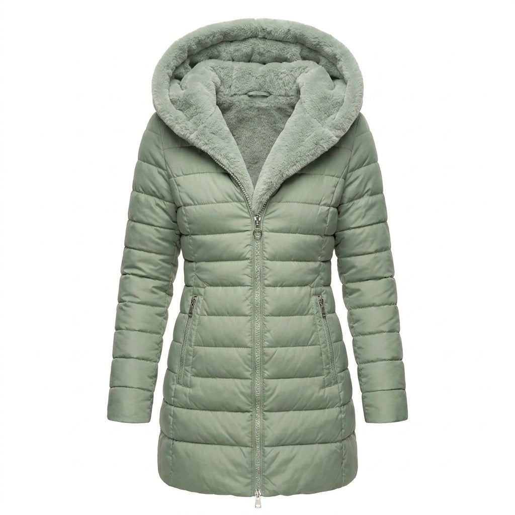 Women's long quilted black puffer jacket featuring an adjustable hood, designed for warmth and style in cold weather conditions. 4
