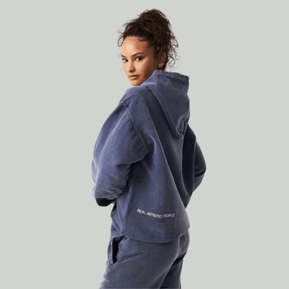Women's long sleeve hoodie in a fashionable blue color, featuring a casual fit perfect for everyday wear. 1