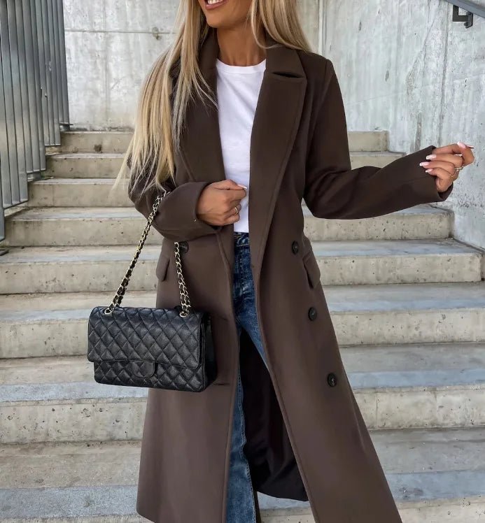 Women's long wool coat featuring a double-breasted design, elegant structured silhouette, and crafted from high-quality wool for stylish warmth and comfort. 3