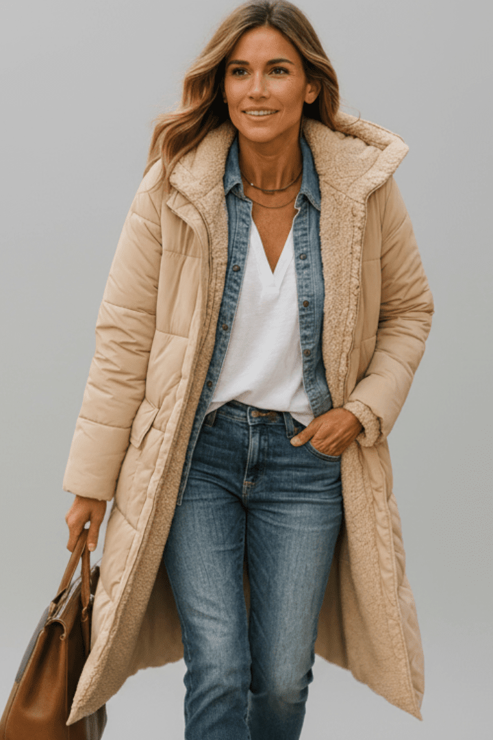 Women's longline puffer coat with fleece lining, lightweight insulated design perfect for casual winter wear, featuring a stylish silhouette and warm, cozy interior. 9