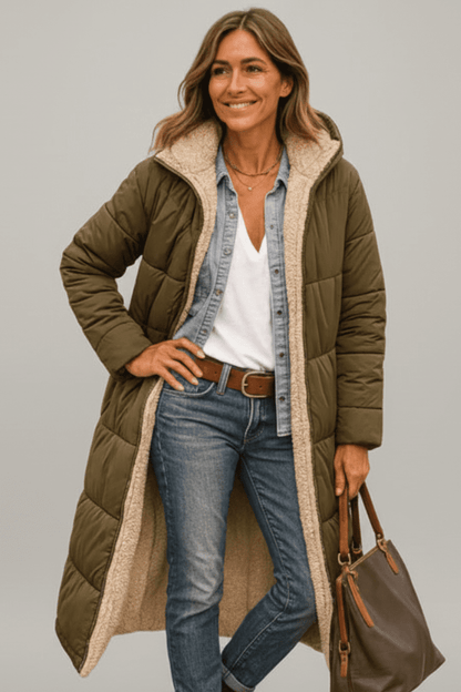 Women's longline puffer coat with fleece lining, lightweight insulated design perfect for casual winter wear, featuring a stylish silhouette and warm, cozy interior. 6