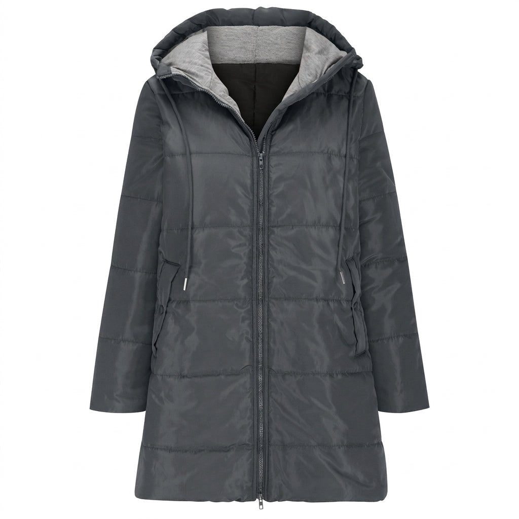 Women's longline quilted puffer jacket in black, featuring a zip front and practical pockets, ideal for cold weather wear. 1