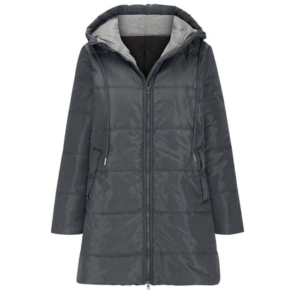 Women's longline quilted puffer jacket in black, featuring a zip front and practical pockets, ideal for cold weather wear. 1