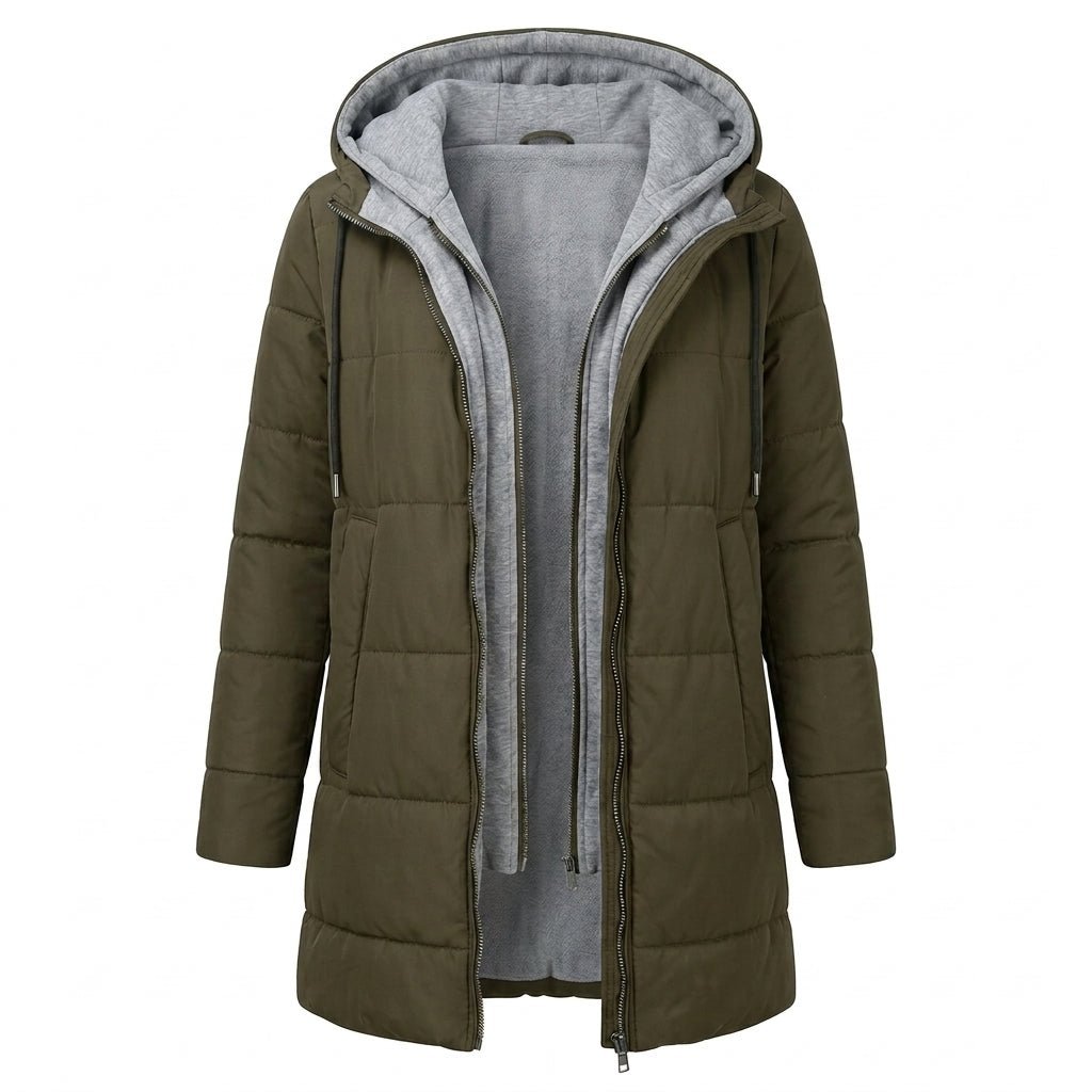 Women's longline quilted puffer jacket in black, featuring a zip front and practical pockets, ideal for cold weather wear. 5