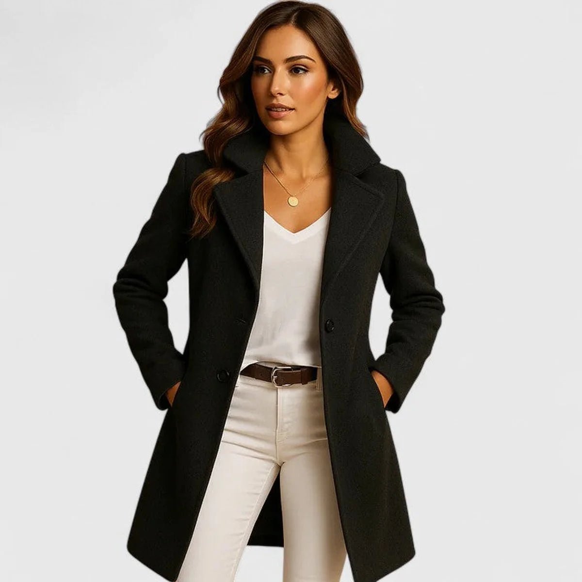 Women's longline tailored coat featuring a stylish notch lapel and button front, crafted from warm wool, perfect for autumn and winter layering. 0