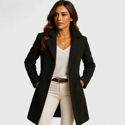 Women's longline tailored coat featuring a stylish notch lapel and button front, crafted from warm wool, perfect for autumn and winter layering. 0
