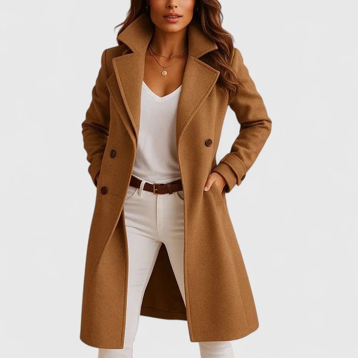 Women's longline tailored coat featuring a stylish notch lapel and button front, crafted from warm wool, perfect for autumn and winter layering. 2