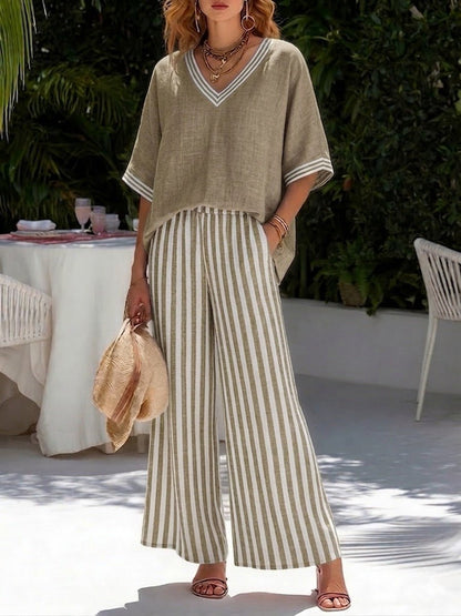 Women's loungewear set featuring a breathable cotton-linen blend, striped design, and relaxed fit, perfect for comfortable home wear. 6