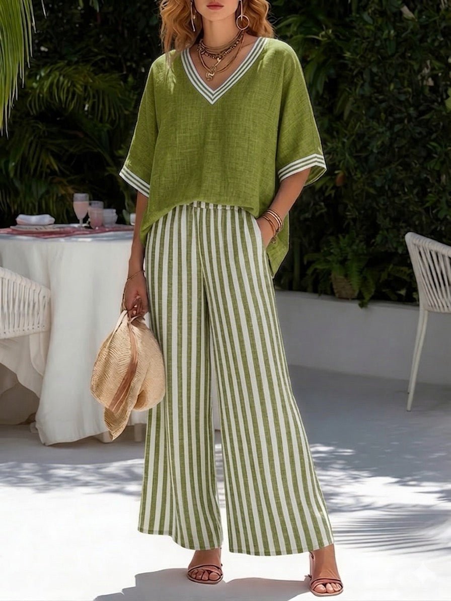 Women's loungewear set featuring a breathable cotton-linen blend, striped design, and relaxed fit, perfect for comfortable home wear. 4