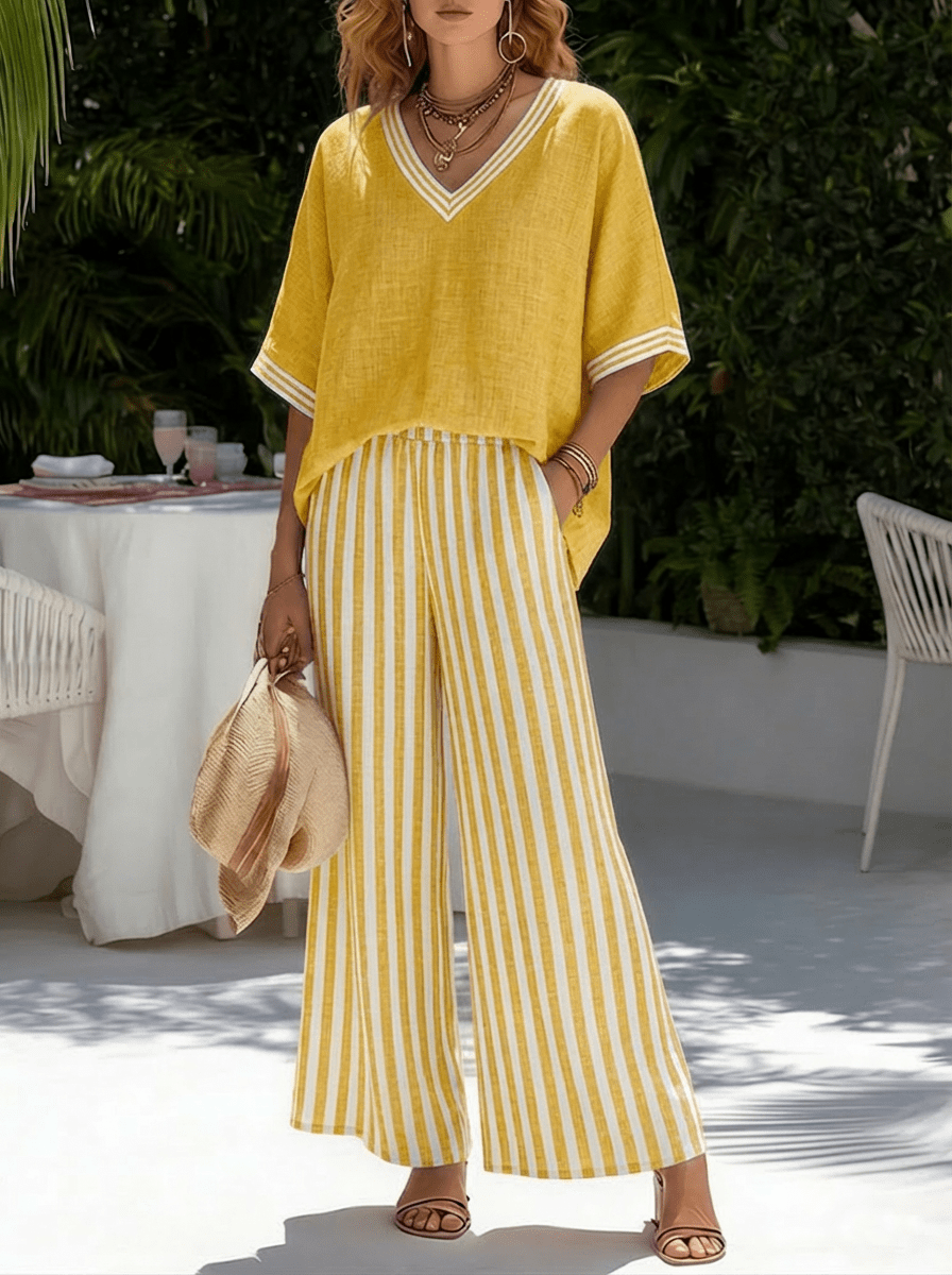 Women's loungewear set featuring a breathable cotton-linen blend, striped design, and relaxed fit, perfect for comfortable home wear. 3