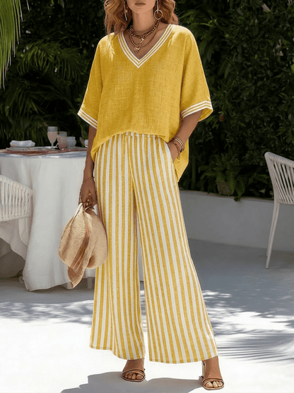 Women's loungewear set featuring a breathable cotton-linen blend, striped design, and relaxed fit, perfect for comfortable home wear. 3