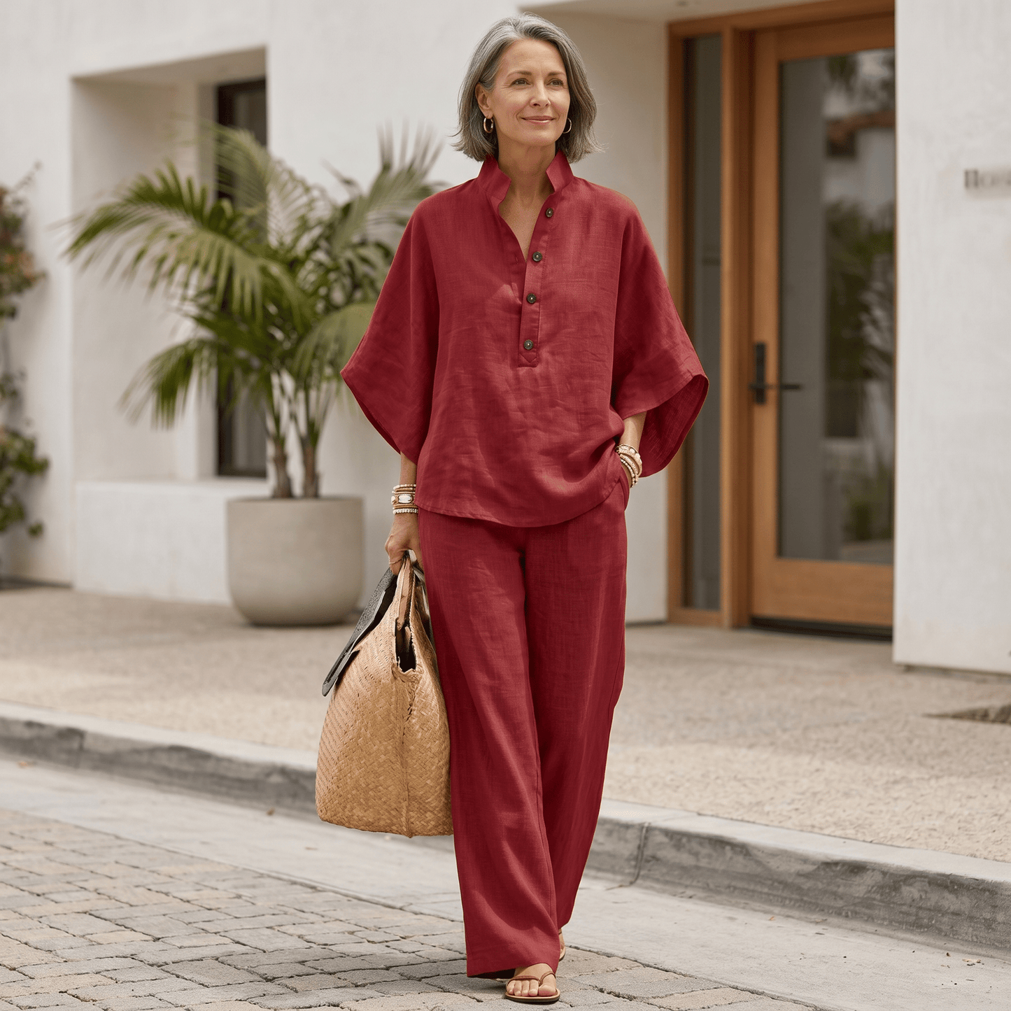 Women's loungewear set featuring batwing sleeves and wide-leg pants in a linen-textured natural style, perfect for comfort and relaxation. 5