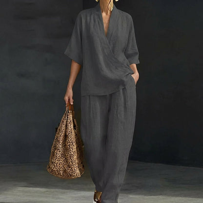 Women's loungewear set featuring breathable fabric and wide-leg pants, ideal for comfort and style in a natural elegance two-piece outfit. 3