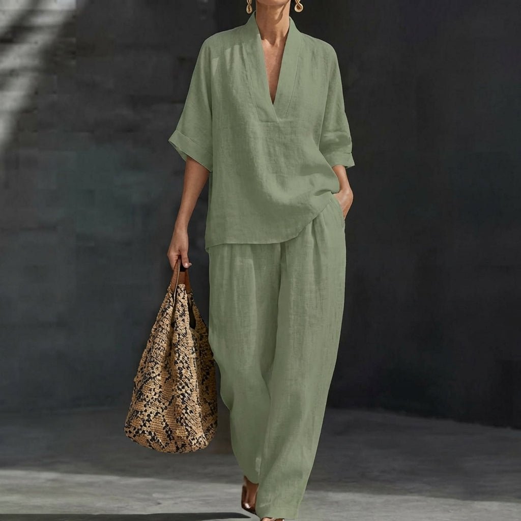 Women's loungewear set featuring breathable fabric and wide-leg pants, ideal for comfort and style in a natural elegance two-piece outfit. 6