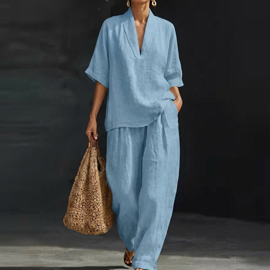 Women's loungewear set featuring breathable fabric and wide-leg pants, ideal for comfort and style in a natural elegance two-piece outfit. 0
