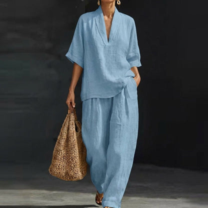 Women's loungewear set featuring breathable fabric and wide-leg pants, ideal for comfort and style in a natural elegance two-piece outfit. 0