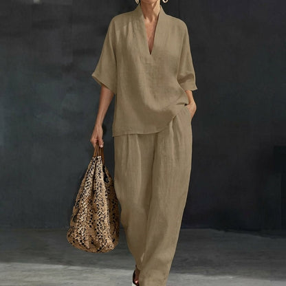 Women's loungewear set featuring breathable fabric and wide-leg pants, ideal for comfort and style in a natural elegance two-piece outfit. 5