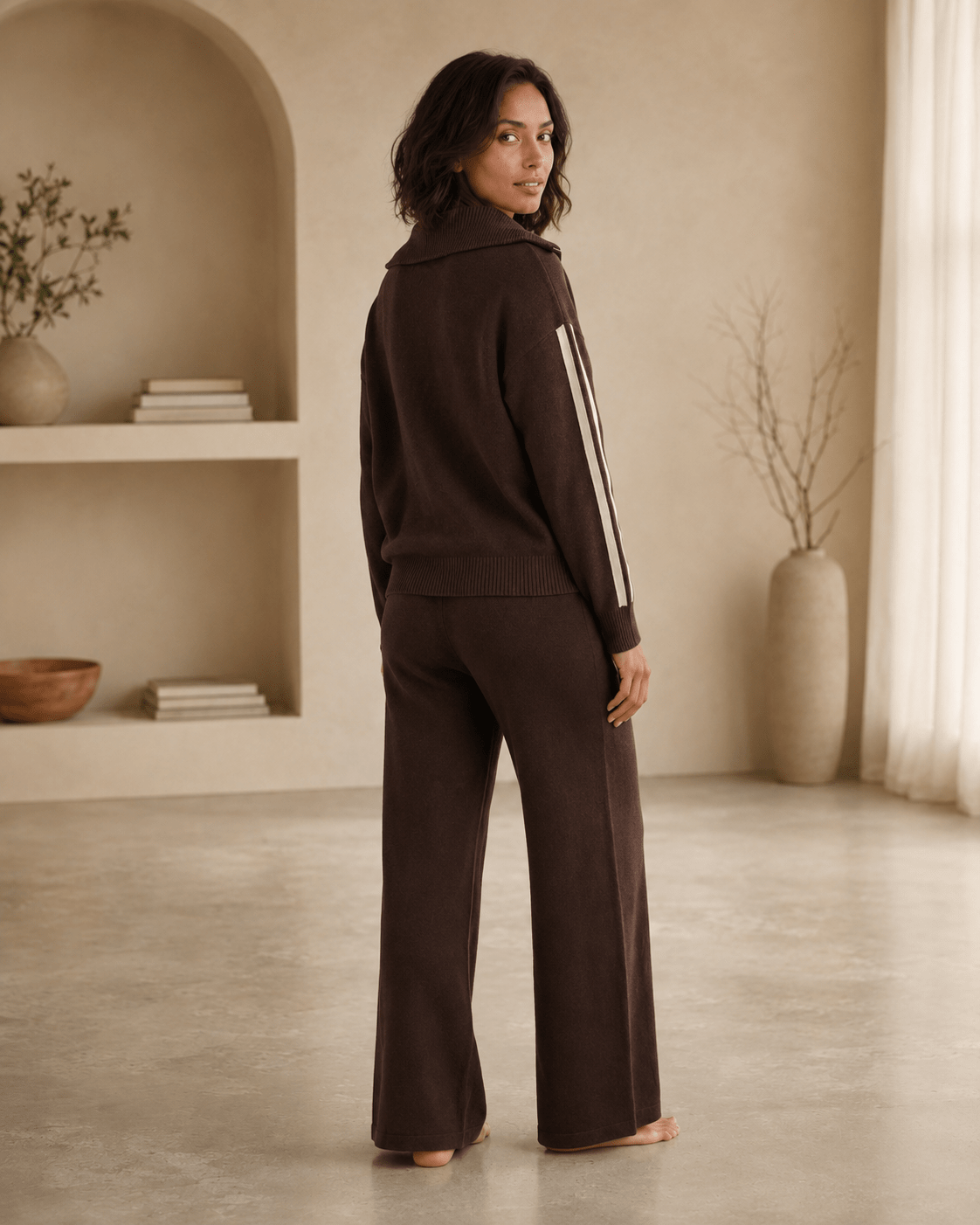 Women's loungewear set featuring a half-zip pullover and wide-leg trousers in comfortable chocolate brown stripes, perfect for relaxation and casual outings. 1