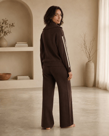 Women's loungewear set featuring a half-zip pullover and wide-leg trousers in comfortable chocolate brown stripes, perfect for relaxation and casual outings. 1