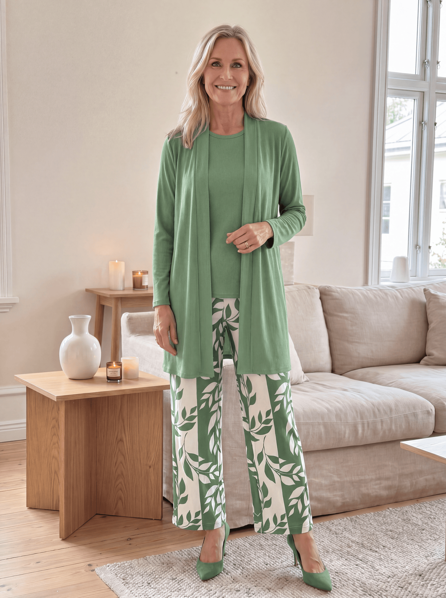 Women's loungewear set featuring a longline top and printed trousers, crafted from soft breathable fabric for ultimate casual comfort. 3