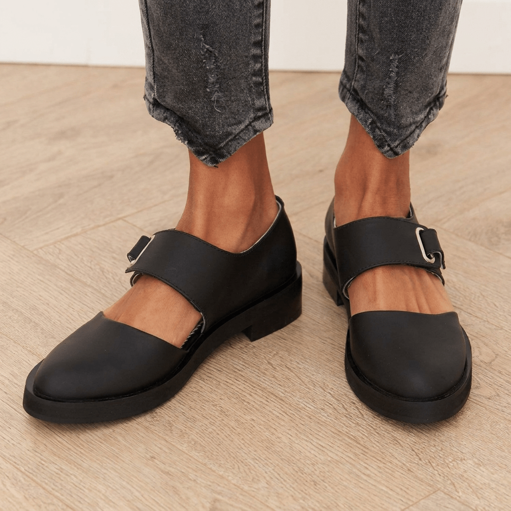 Women's low heel shoes featuring a stylish square toe and chic buckle detail, perfect for elegant casual wear. 1