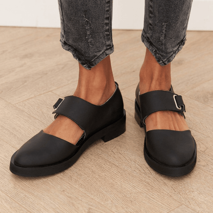 Women's low heel shoes featuring a stylish square toe and chic buckle detail, perfect for elegant casual wear. 1