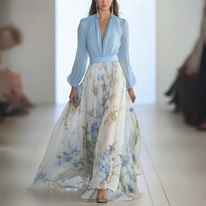 Women's maxi dress featuring an elegant V-neck design, floral motifs, and flowing sleeves, ideal for summer outings and formal occasions. 0