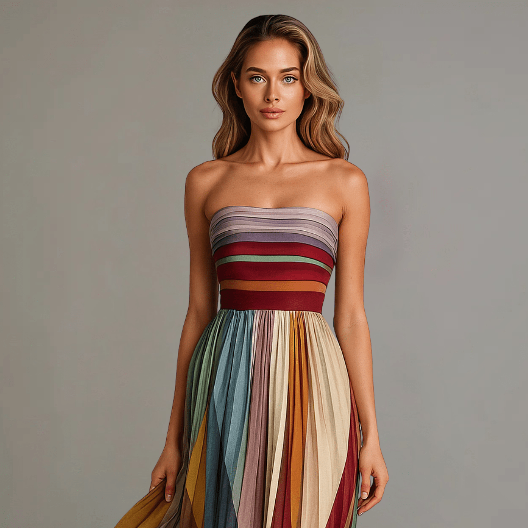 Plus size women's maxi dress featuring a vibrant, colorful strapless design with elegant pleats, perfect for summer occasions. 1