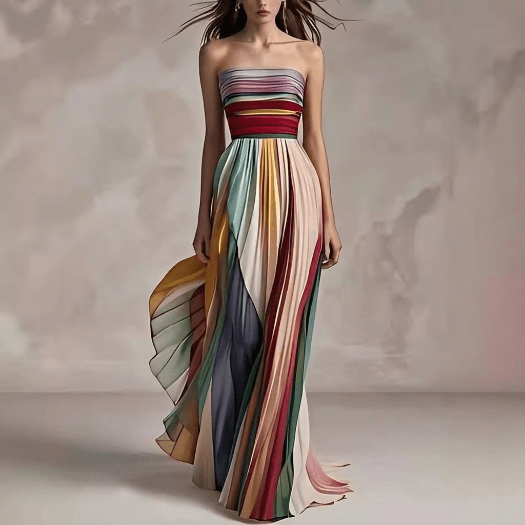 Women's maxi dress featuring a stylish strapless tube top design and vibrant colorful print, perfect for a flowing summer look. 0