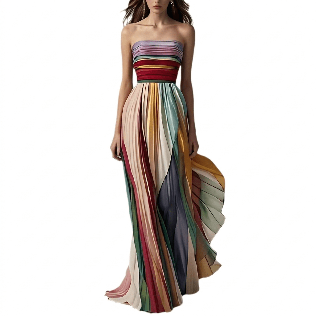 Women's maxi dress featuring a stylish strapless tube top design and vibrant colorful print, perfect for a flowing summer look. 1