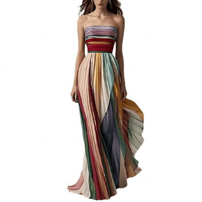 Women's maxi dress featuring a stylish strapless tube top design and vibrant colorful print, perfect for a flowing summer look. 1