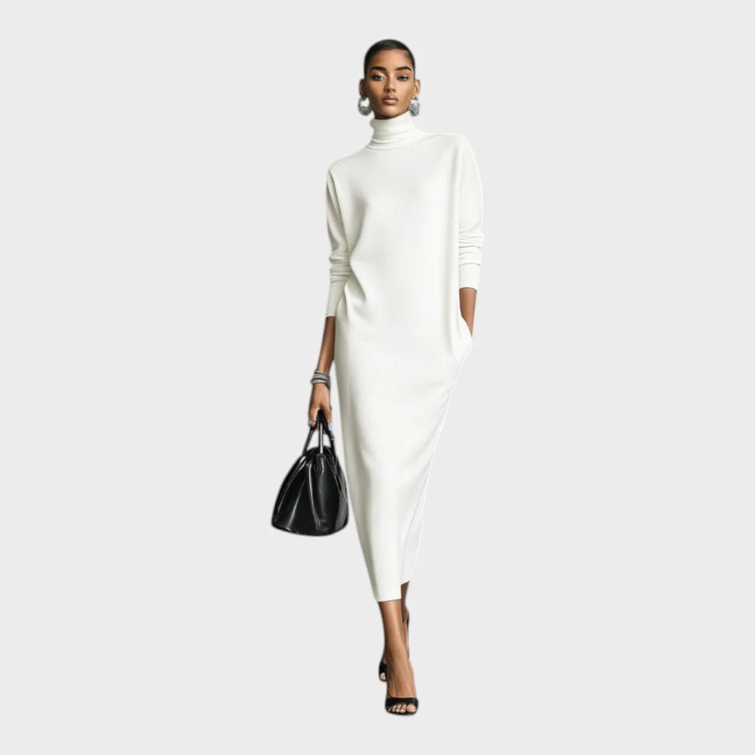 Women's relaxed fit black maxi dress featuring a turtleneck and long sleeves, perfect for casual or formal occasions. 2