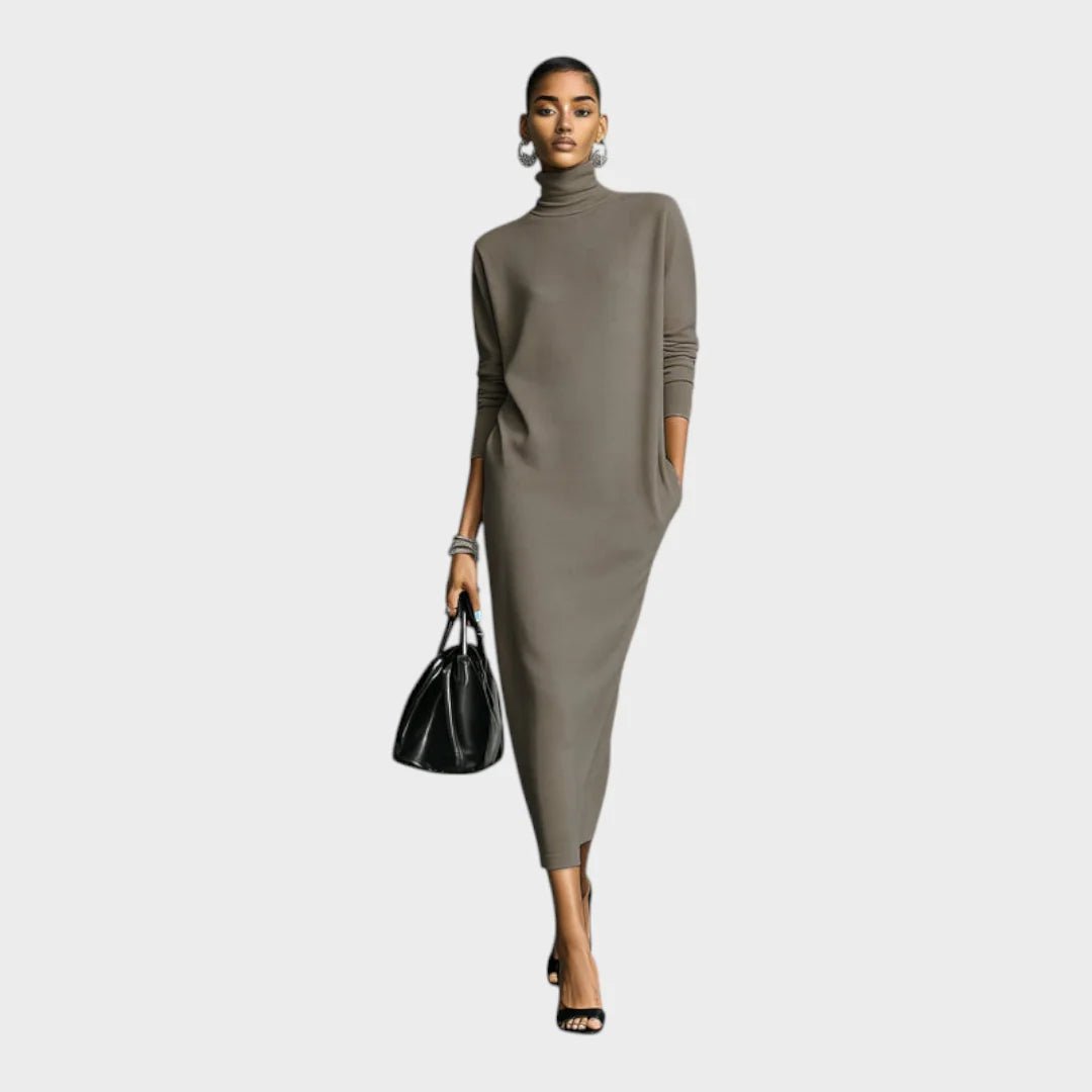 Women's relaxed fit black maxi dress featuring a turtleneck and long sleeves, perfect for casual or formal occasions. 3