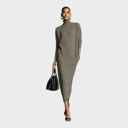 Women's relaxed fit black maxi dress featuring a turtleneck and long sleeves, perfect for casual or formal occasions. 3