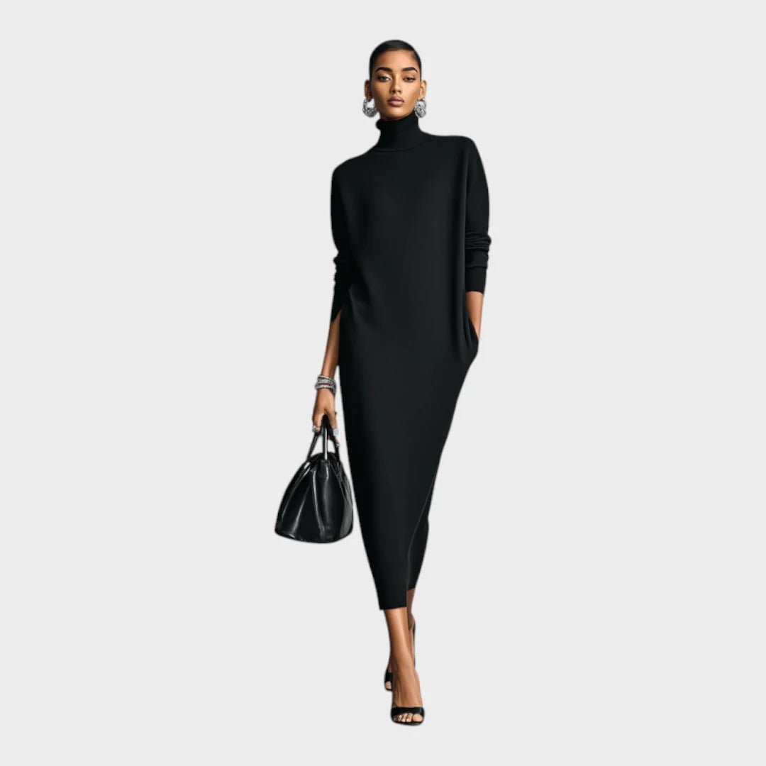 Women's relaxed fit black maxi dress featuring a turtleneck and long sleeves, perfect for casual or formal occasions. 0