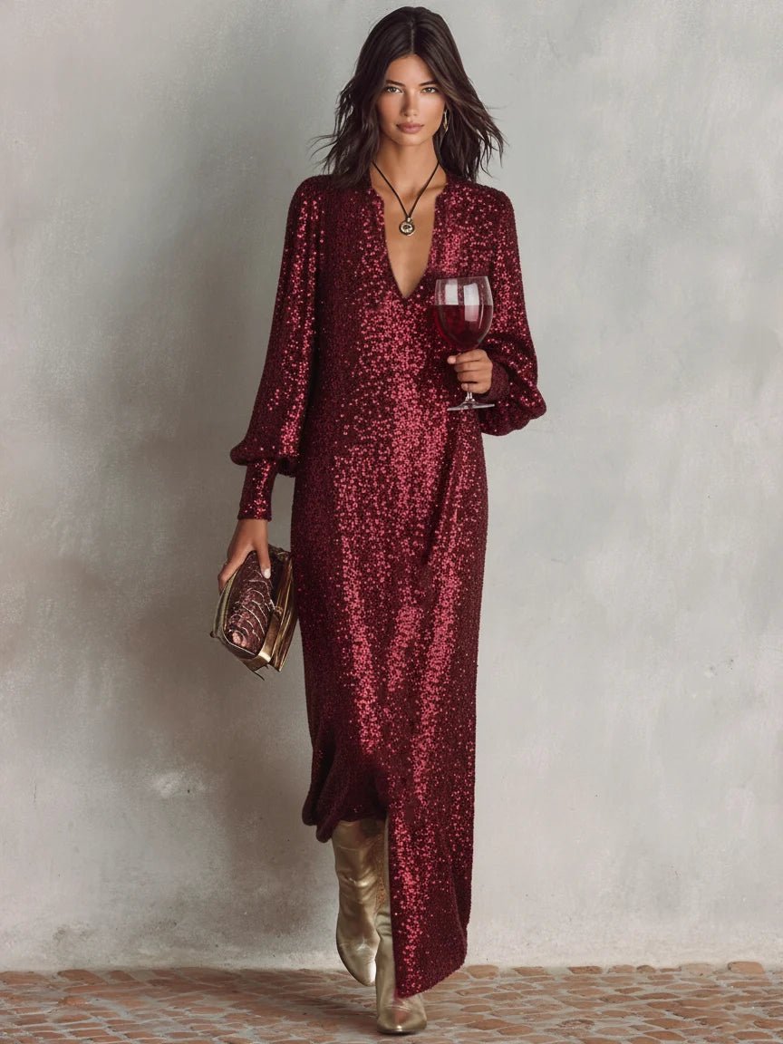 Women's maxi dress featuring a V-neckline and long sleeves, designed with a shimmering minimalist style in a lightweight polyester blend, perfect for elegant evening occasions. 1