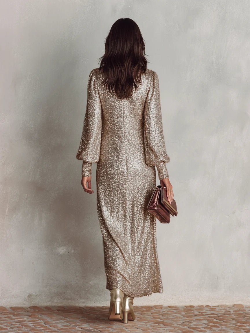Women's maxi dress featuring a V-neckline and long sleeves, designed with a shimmering minimalist style in a lightweight polyester blend, perfect for elegant evening occasions. 5