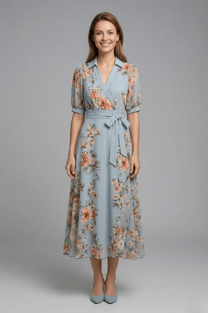 Women's Maxi Dress featuring a V-Neck design and a stylish waist tie, perfect for summer occasions, with a flared hem for an elegant look. 0