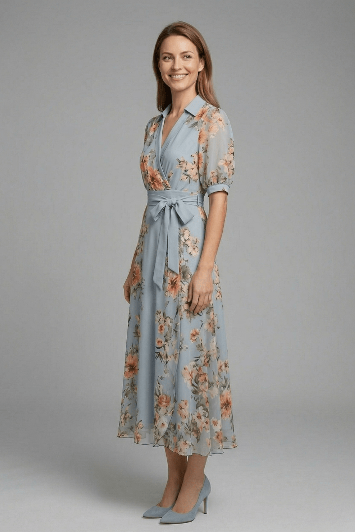 Women's Maxi Dress featuring a V-Neck design and a stylish waist tie, perfect for summer occasions, with a flared hem for an elegant look. 2
