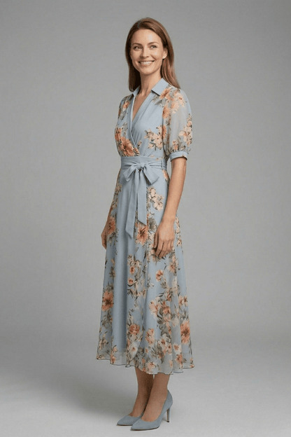 Women's Maxi Dress featuring a V-Neck design and a stylish waist tie, perfect for summer occasions, with a flared hem for an elegant look. 2