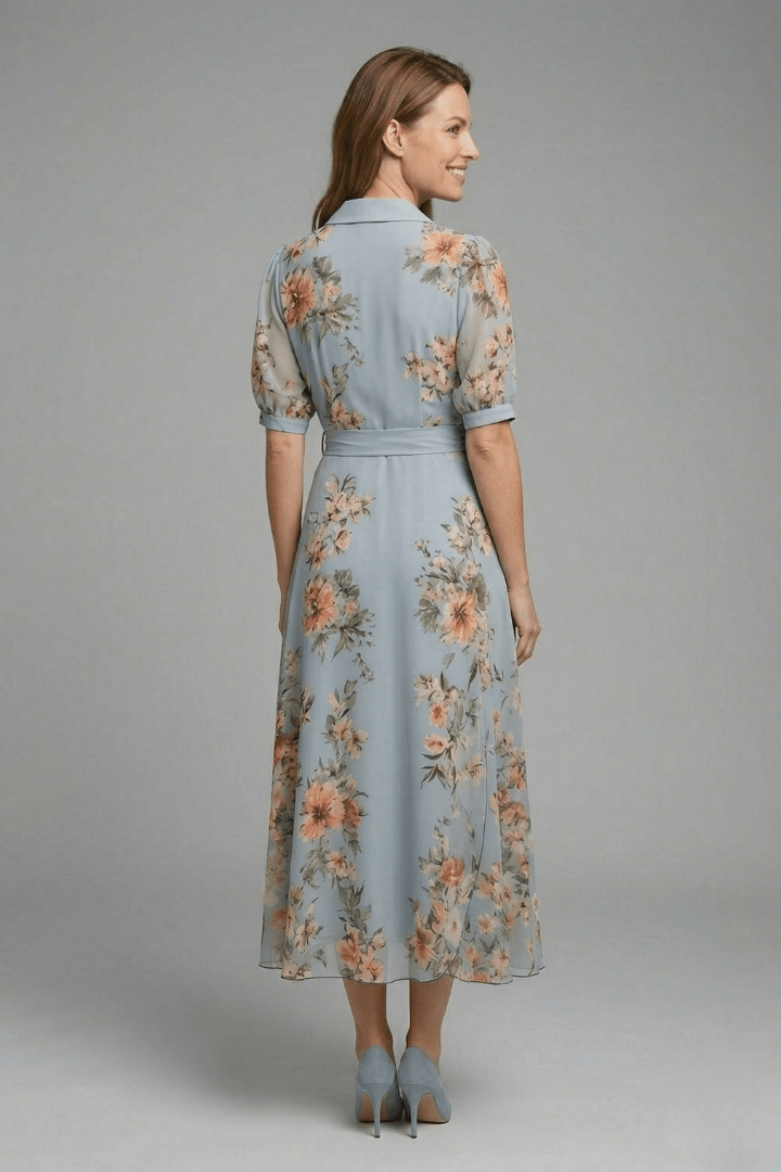 Women's Maxi Dress featuring a V-Neck design and a stylish waist tie, perfect for summer occasions, with a flared hem for an elegant look. 3