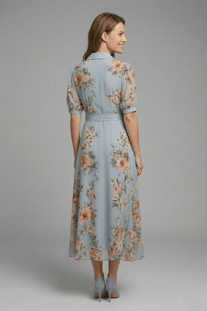 Women's Maxi Dress featuring a V-Neck design and a stylish waist tie, perfect for summer occasions, with a flared hem for an elegant look. 3