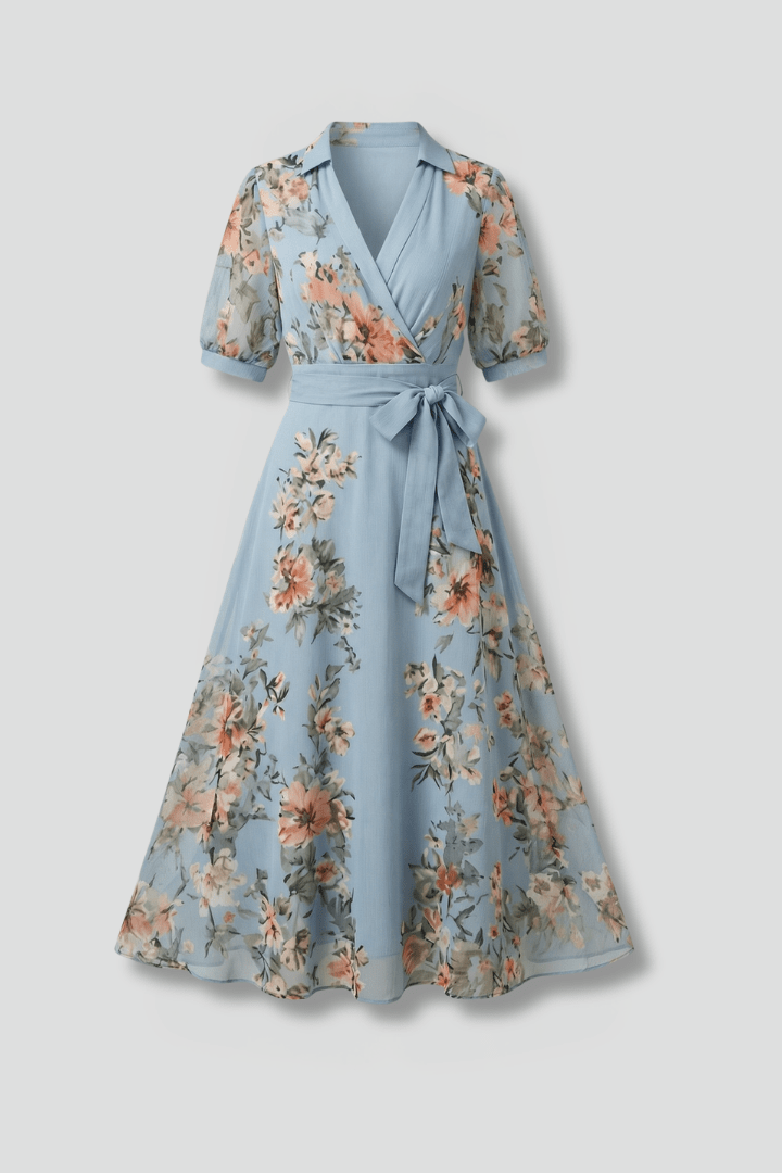 Women's Maxi Dress featuring a V-Neck design and a stylish waist tie, perfect for summer occasions, with a flared hem for an elegant look. 1