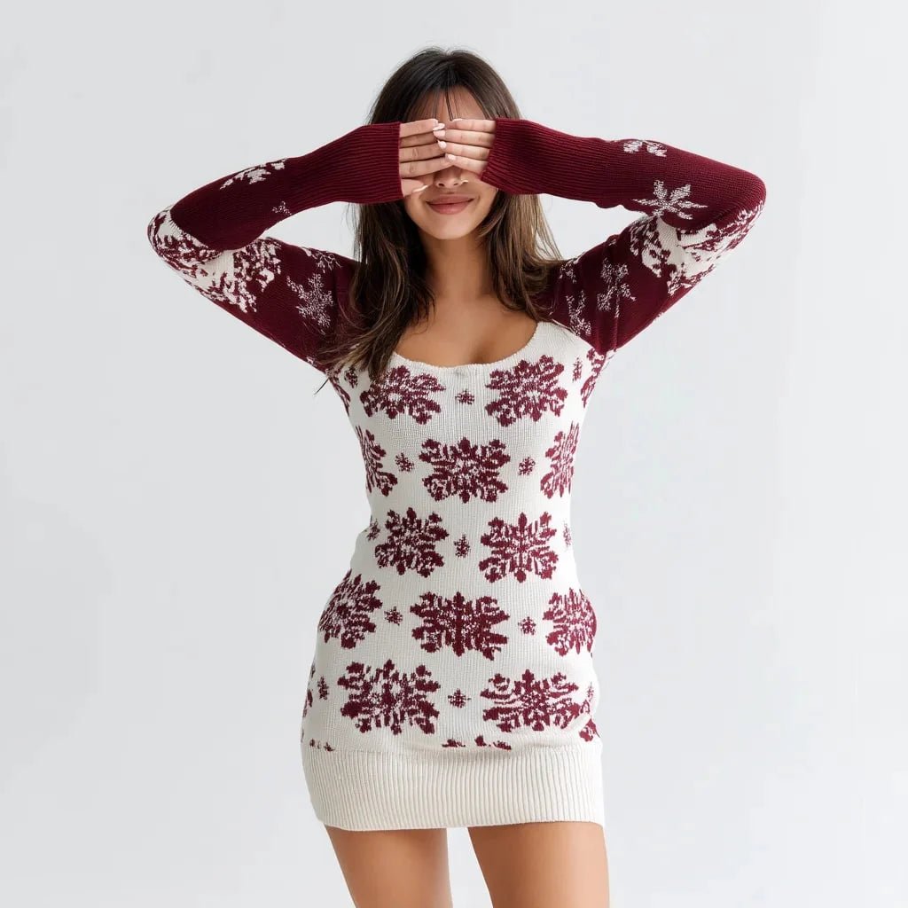 Women's midi dress featuring an off-shoulder neckline and sequin embellishments, designed as a stretch knitted A-line dress perfect for winter gatherings. 2
