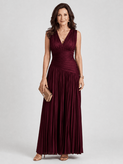 Womens Midi Dress with Pleated V Neck, perfect for weddings and special occasions, featuring a lightweight and elegant design. 0