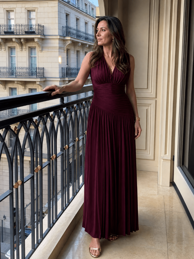 Womens Midi Dress with Pleated V Neck, perfect for weddings and special occasions, featuring a lightweight and elegant design. 4