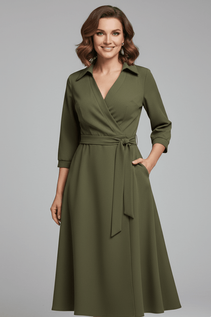 Women's elegant A-line midi dress featuring a stylish V-neck and adjustable waist, perfect for summer outings. 5